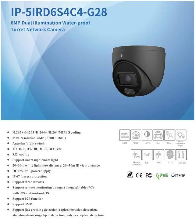 Alt view image 2 of 4 - ENS Titanium IP-5IRD6S4C4-G28 IP 6MP 2.8mm 98ft LED Full Color WDR Mic NDAA Grey Dome Camera