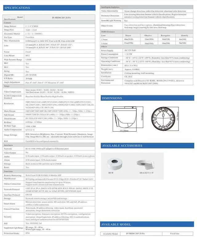 Alt view image 3 of 4 - ENS Titanium IP-5IRD8C2H5-28-PA 8MP/4K IP 2.8mm 98ft Full Color LED WDR NDAA Mic Dome Camera