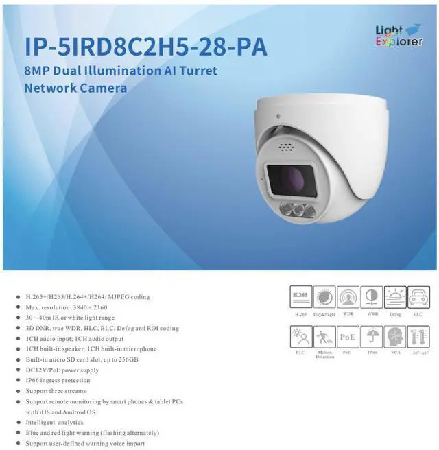 Alt view image 2 of 4 - ENS Titanium IP-5IRD8C2H5-28-PA 8MP/4K IP 2.8mm 98ft Full Color LED WDR NDAA Mic Dome Camera