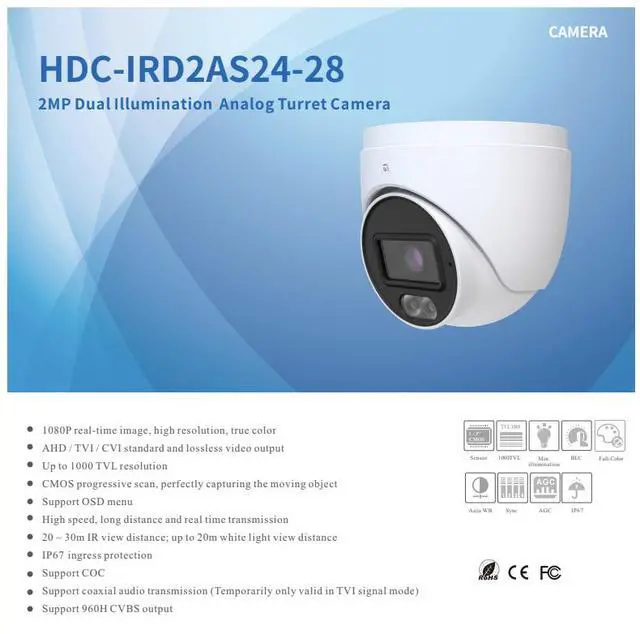 Alt view image 2 of 4 - ENS HDC-IRD2AS24-28 2MP TVI/CVI/AHD/CVBS 2.8mm Mic Full Time Color NDAA Dome Camera
