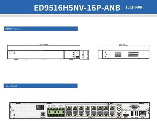 Alt view image 4 of 5 - ENS Titanium ED9516H5NV-16P-ANB IP 16CH 160/160Mb 12MP 16 Port PoE 2xSATA 4K HDMI NDAA NVR