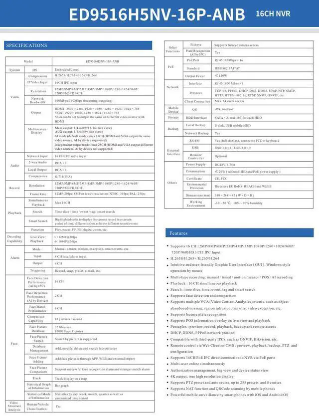 Alt view image 3 of 5 - ENS Titanium ED9516H5NV-16P-ANB IP 16CH 160/160Mb 12MP 16 Port PoE 2xSATA 4K HDMI NDAA NVR