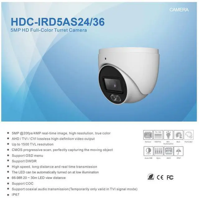 Alt view image 2 of 4 - ENS Titanium HDC-IRD5AS24-28 5MP 20fps TVI/CVI/AHD 2.8mm Mic 98ft Dual Light NDAA Dome Camera