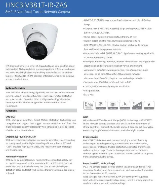 Alt view image 2 of 5 - ENS Diamond HNC3IV381T-IR-ZAS IP 8MP/4K 2.7-13.5mm Motorized 131ft IR with Mic WDR Camera
