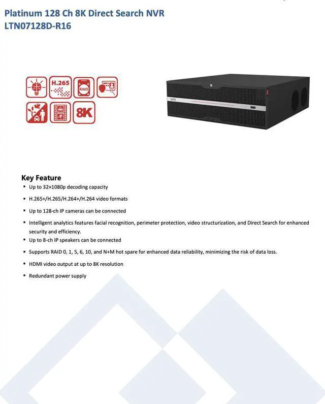 Alt view image 2 of 7 - LTS Platinum LTN07128D-R16 IP 8K 128CH 16 SATA RAID Direct Search Redundant Power NVR