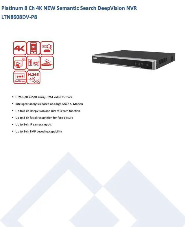 Alt view image 2 of 7 - LTS Platinum LTN8608DV-P8 IP 4K 8CH 8 Port PoE DeepVision Semantic Search AI NVR