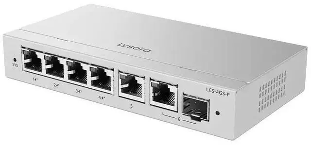 Main image of Lysora LCS-4GS-P 4-Port Gigabit PoE Switch, 54W PoE+ Budget, Cloud Managed, Fanless, Combo SFP Uplink, Security Camera Network
