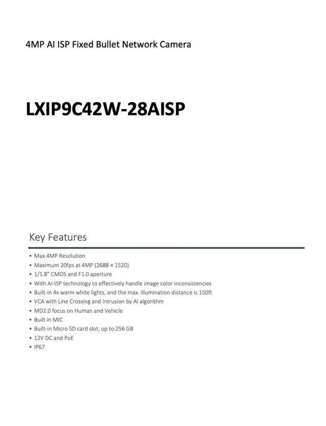 Alt view image 3 of 6 - LTS Pro-X LXIP9C42W-28AISP IP 4MP AI ISP 2.8mm Full-Color Night Vision PoE NDAA Bullet Camera