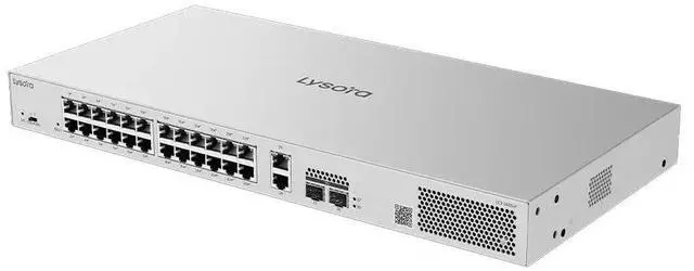 Main image of Lysora LCS-24GS-P 24-Port Gigabit PoE+ Switch (28 Ports Total), 370W Budget, 2x SFP + 2x RJ45 Uplinks, PoE Watchdog, 19in Rack Mount, Cloud Managed, NDAA Compliant