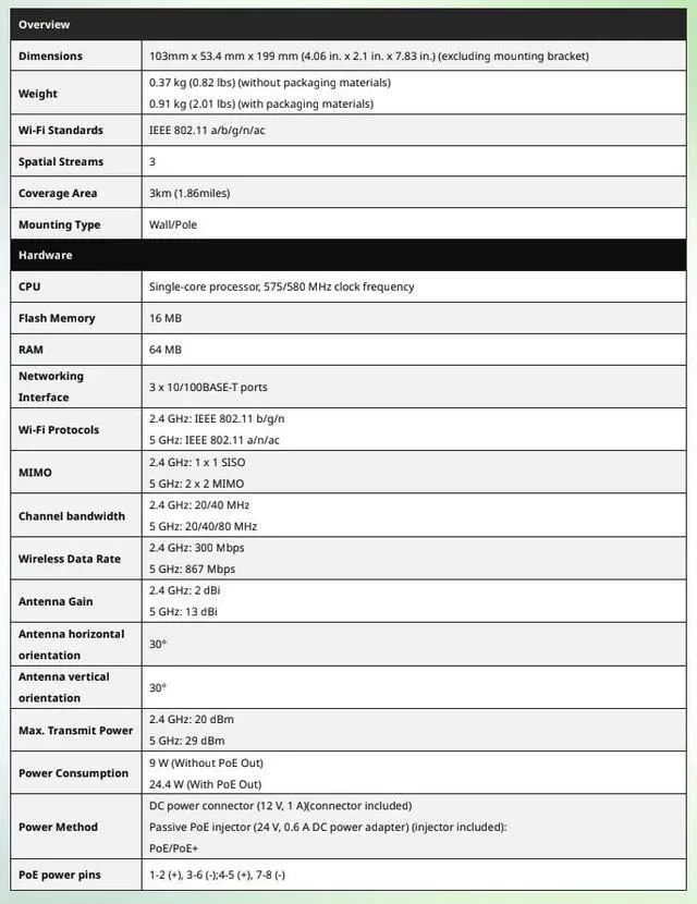 Alt view image 4 of 7 - Lysora CPE3-P 5GHz Outdoor Wireless Bridge with PoE Out, 13dBi Antenna, 867Mbps, 1.86 Mile Range, 3x Fast Ethernet Ports, IP55, Adapter and Injector Included, NDAA Compliant