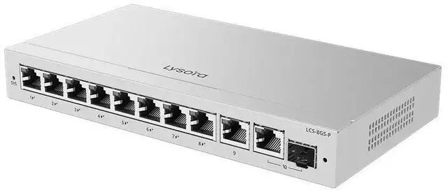 Main image of Lysora LCS-8GS-P 8-Port Gigabit PoE+ Switch (10 Ports Total), 120W Budget, SFP Combo Uplink, Fanless Silent, PoE Watchdog, Cloud Managed, NDAA Compliant