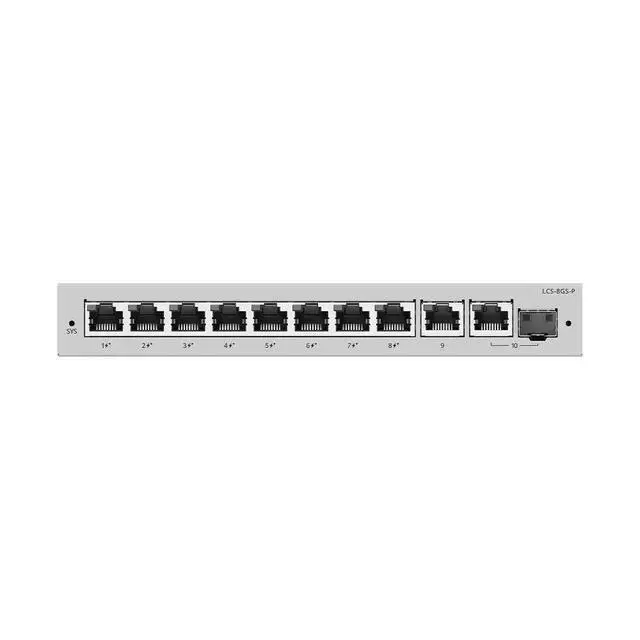 Alt view image 2 of 6 - Lysora LCS-8GS-P 8-Port Gigabit PoE+ Switch (10 Ports Total), 120W Budget, SFP Combo Uplink, Fanless Silent, PoE Watchdog, Cloud Managed, NDAA Compliant