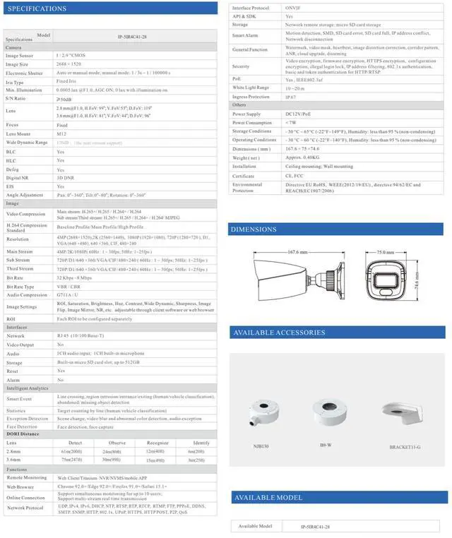 Alt view image 3 of 4 - ENS Titanium IP-5IR4C41-28 4MP Full-Color Bullet IP Camera, 1/2.9 inch CMOS F1.0, 2.8mm, 120dB WDR, White Light, Human Vehicle Detection, Face Capture, Built-in Mic, IP67, PoE