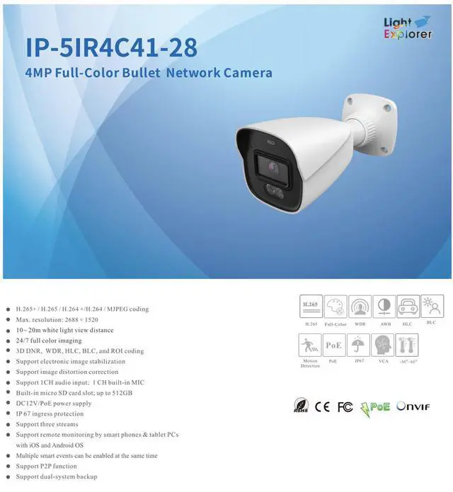 Alt view image 2 of 4 - ENS Titanium IP-5IR4C41-28 4MP Full-Color Bullet IP Camera, 1/2.9 inch CMOS F1.0, 2.8mm, 120dB WDR, White Light, Human Vehicle Detection, Face Capture, Built-in Mic, IP67, PoE