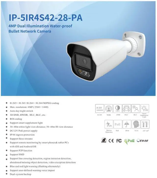 Alt view image 2 of 4 - ENS Titanium IP-5IR4S42-28-PA 4MP Active Deterrence Bullet IP Camera, Dual Illumination IR + White Light 130ft, Red/Blue Strobe, Two-Way Audio Siren, 120dB WDR, IP66, PoE