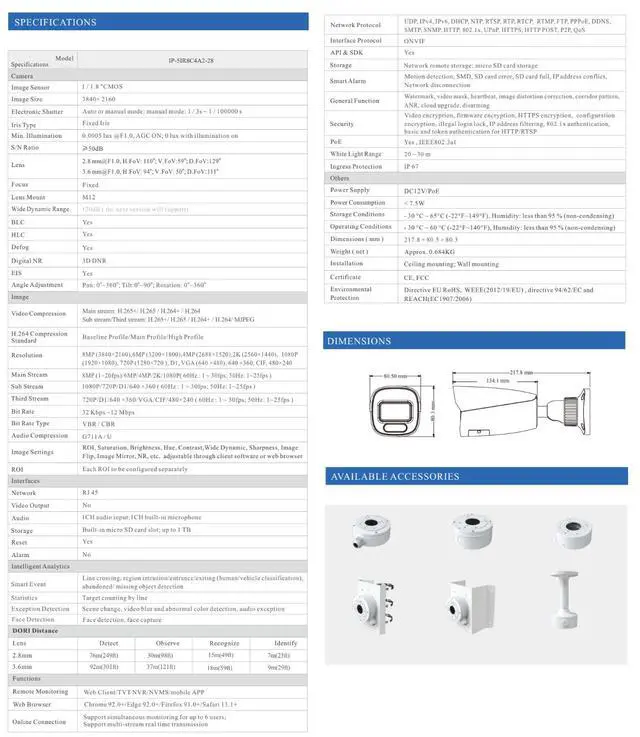 Alt view image 3 of 4 - ENS Titanium IP-5IR8C4A2-28 8MP 4K Full-Color Bullet IP Camera, 1/1.8 inch CMOS F1.0, 2.8mm 110 Degree, White Light, Face Capture, Human Vehicle Detection, SD, IP67, PoE