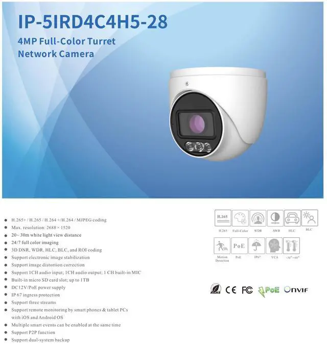 Alt view image 2 of 4 - ENS Titanium IP-5IRD4C4H5-28 4MP Full-Color Turret IP Camera, 1/1.79 inch CMOS F1.0, 112 Degree, 0.0001 Lux, Face Comparison, Video Metadata, Heat Map, Alarm I/O, SD Card Slot, IP67, PoE