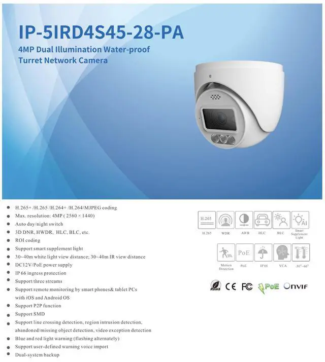 Alt view image 2 of 4 - ENS Titanium IP-5IRD4S45-28-PA 4MP Active Deterrence Turret IP Camera, Dual Illumination IR + White Light 130ft, Red/Blue Strobe, Two-Way Audio Siren, 120dB WDR, IP66, PoE