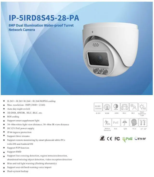 Alt view image 2 of 4 - ENS Titanium IP-5IRD8S45-28-PA 8MP 4K Active Deterrence Turret IP Camera, Dual Illumination IR + White Light 130ft, Red/Blue Strobe, Two-Way Audio Siren, 120dB WDR, IP66, PoE