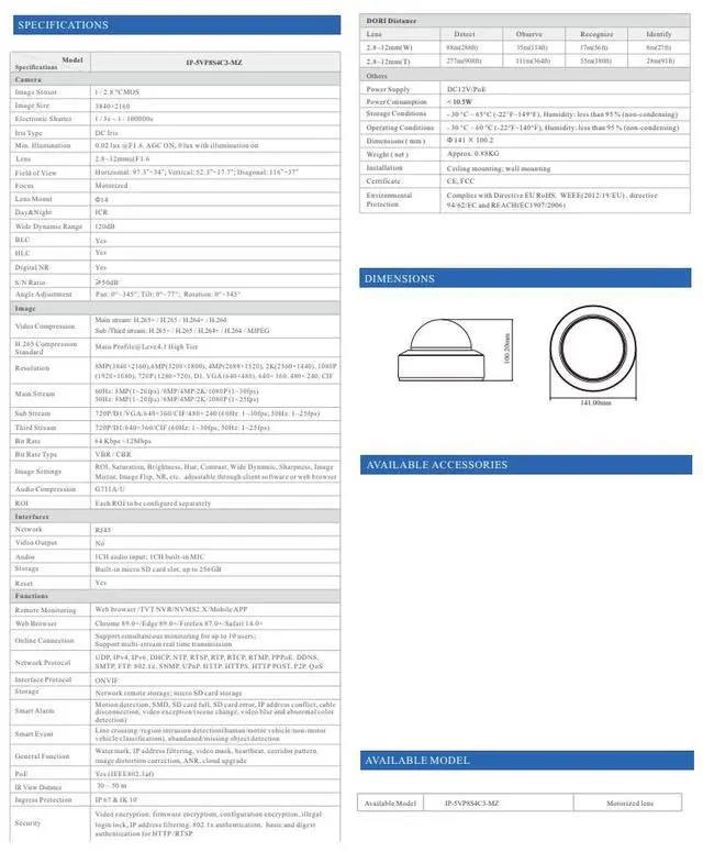 Alt view image 3 of 4 - ENS Titanium IP-5VP8S4C3-MZ 8MP 4K Vandal Dome IP Camera, 2.8-12mm Motorized Varifocal Zoom, IR 164ft, 120dB WDR, Human Vehicle Detection, IP67 IK10 Vandal Proof, PoE