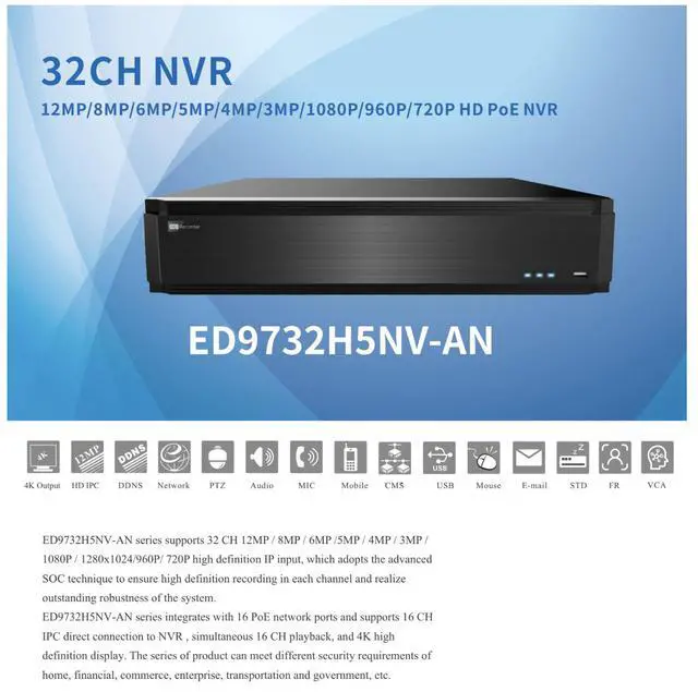 Alt view image 2 of 5 - ENS Titanium ED9732H5NV-AN 32CH 4K NVR with 16 PoE Ports, 12MP Support, 8 SATA Bays up to 80TB, Face Recognition, Plate Recognition, 16CH Playback, H.265+ (No HDD)