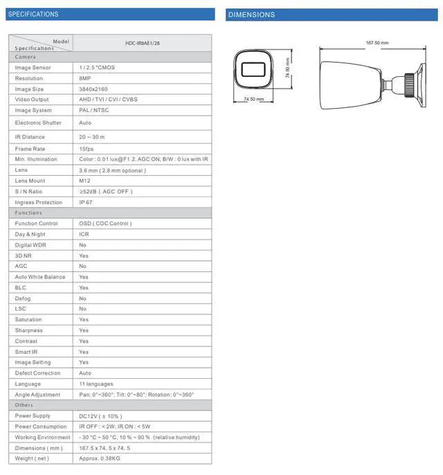 Alt view image 3 of 4 - ENS HDC-IR8AE1/28 8MP 2.8mm HD Analog Bullet Camera, 4K AHD/TVI/CVI/CVBS, 1700TVL, Smart IR 98ft, True Day Night ICR, OSD Coax Control, IP67, 12V DC (Analog DVR Required)