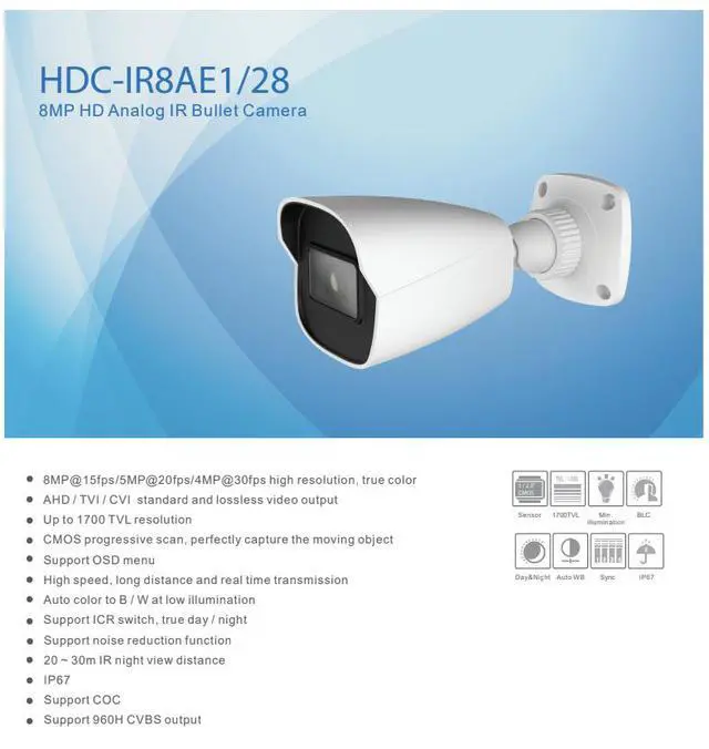 Alt view image 2 of 4 - ENS HDC-IR8AE1/28 8MP 2.8mm HD Analog Bullet Camera, 4K AHD/TVI/CVI/CVBS, 1700TVL, Smart IR 98ft, True Day Night ICR, OSD Coax Control, IP67, 12V DC (Analog DVR Required)