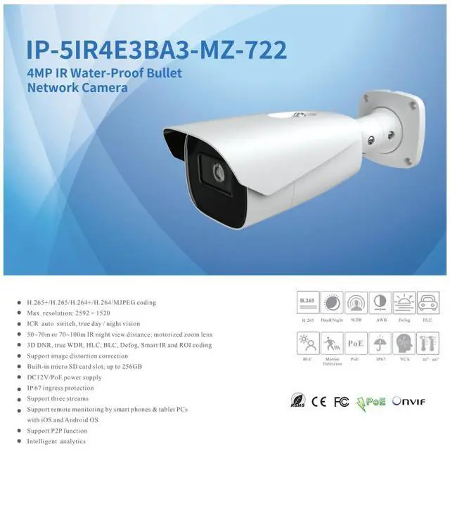 Alt view image 2 of 4 - ENS Titanium IP-5IR4E3BA3-MZ-722 4MP Bullet IP Camera, 7-22mm Motorized Zoom, Long Range IR 328ft, 120dB True WDR, Defog, Face Capture, Video Metadata, Heat Map, IP67, PoE