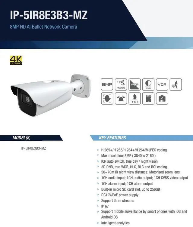 Alt view image 2 of 5 - ENS Titanium IP-5IR8E3B3-MZ 8MP 4K Bullet IP Camera, 2.8-12mm Motorized Zoom, 30fps at 4K, IR 230ft, 120dB True WDR, Human Vehicle Classification, Face Capture, Alarm I/O, IP67, PoE