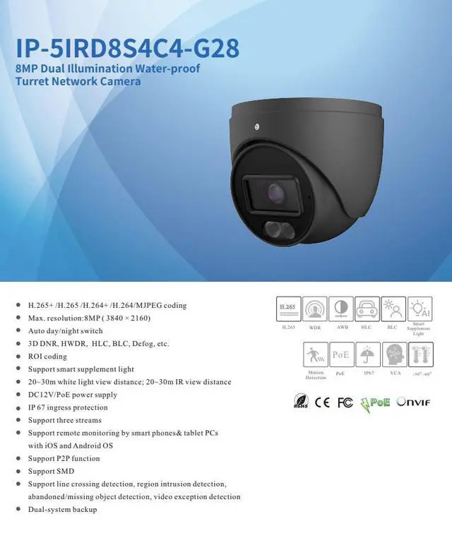 Alt view image 2 of 4 - ENS Titanium IP-5IRD8S4C4-G28 8MP 4K Dual Illumination IP Turret Camera, 2.8mm Lens, 98ft IR & White Light, Smart Supplement Light, Human/Vehicle Detection, Built-in Mic, IP67, PoE