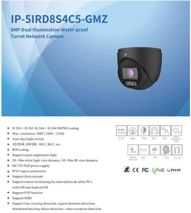 Alt view image 2 of 4 - ENS Titanium IP-5IRD8S4C5-GMZ 8MP 4K Dual Illumination IP Turret Camera, 2.8-12mm Motorized Zoom, 164ft IR & 98ft White Light, Human/Vehicle Detection, Built-in Mic, IP67, PoE
