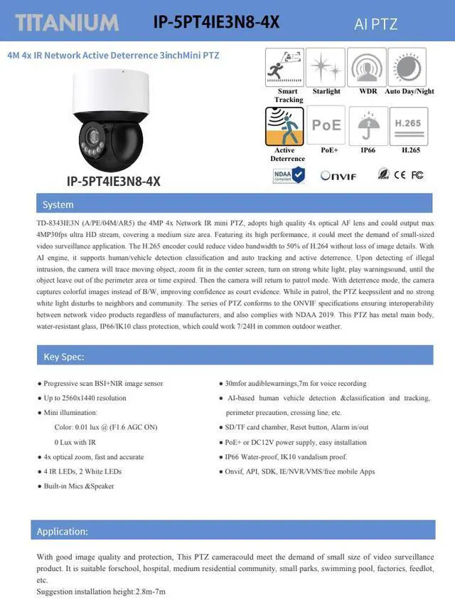 Alt view image 2 of 6 - ENS Titanium IP-5PT4IE3N8-4X 4MP Active Deterrence Mini PTZ Camera, 4x Optical Zoom, AI Auto Tracking, Human/Vehicle Detection, White Light & Voice Alerts, Built-in Mic & Speaker, IP66 IK10, PoE+