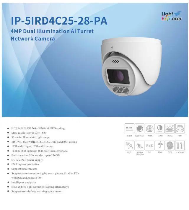 Alt view image 2 of 4 - ENS Titanium IP-5IRD4C25-28-PA 4MP Active Deterrence AI Turret Camera, 2.8-12mm Motorized Zoom, 131ft IR & White Light, Red/Blue Strobe & Voice Alerts, Built-in Mic & Speaker, IP66, PoE