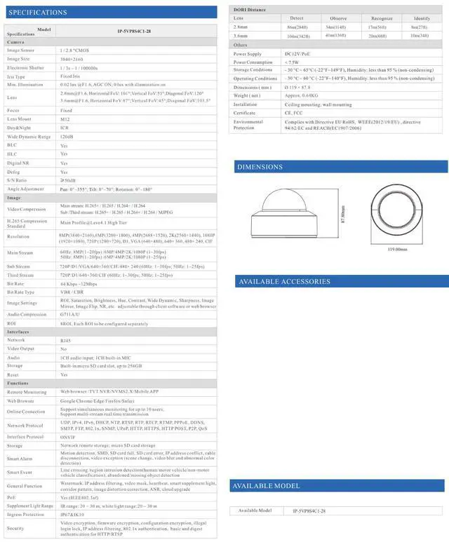 Alt view image 3 of 4 - ENS Titanium IP-5VP8S4C1-28 8MP 4K Dual Illumination IP Vandal Dome Camera, 2.8mm Lens, 98ft IR & White Light, Smart Supplement Light, Human/Vehicle Detection, Built-in Mic, IP67 IK10, PoE