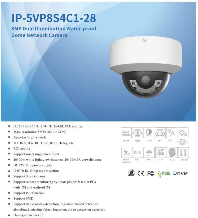 Alt view image 2 of 4 - ENS Titanium IP-5VP8S4C1-28 8MP 4K Dual Illumination IP Vandal Dome Camera, 2.8mm Lens, 98ft IR & White Light, Smart Supplement Light, Human/Vehicle Detection, Built-in Mic, IP67 IK10, PoE