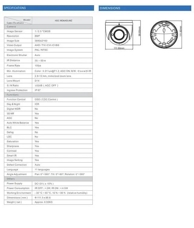 Alt view image 3 of 4 - ENS Titanium HDC-IRD8AE5/MZ 8MP 4K HD Analog Dome Camera, 2.8-12mm Motorized Zoom, 164ft IR Night Vision, AHD/TVI/CVI/CVBS 4-in-1, 1700TVL, Smart IR, Coax Control, IP67