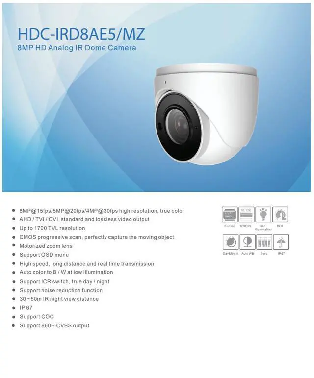 Alt view image 2 of 4 - ENS Titanium HDC-IRD8AE5/MZ 8MP 4K HD Analog Dome Camera, 2.8-12mm Motorized Zoom, 164ft IR Night Vision, AHD/TVI/CVI/CVBS 4-in-1, 1700TVL, Smart IR, Coax Control, IP67