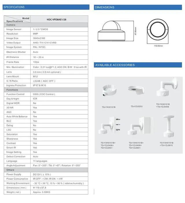 Alt view image 3 of 4 - ENS Titanium HDC-VPD8AE1/28 8MP 4K HD Analog Vandal Dome Camera, 2.8mm Lens, 66ft IR Night Vision, AHD/TVI/CVI/CVBS 4-in-1, 1700TVL, WDR, Coax Control, IP66 IK10