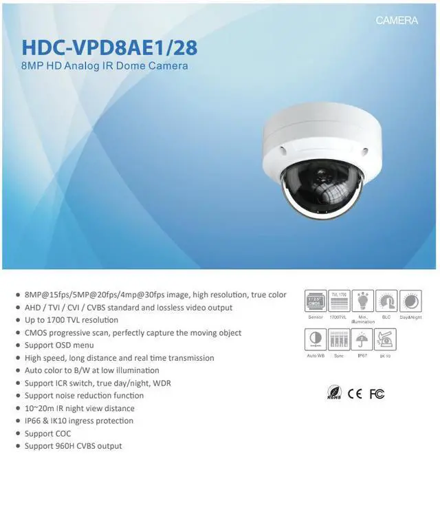 Alt view image 2 of 4 - ENS Titanium HDC-VPD8AE1/28 8MP 4K HD Analog Vandal Dome Camera, 2.8mm Lens, 66ft IR Night Vision, AHD/TVI/CVI/CVBS 4-in-1, 1700TVL, WDR, Coax Control, IP66 IK10