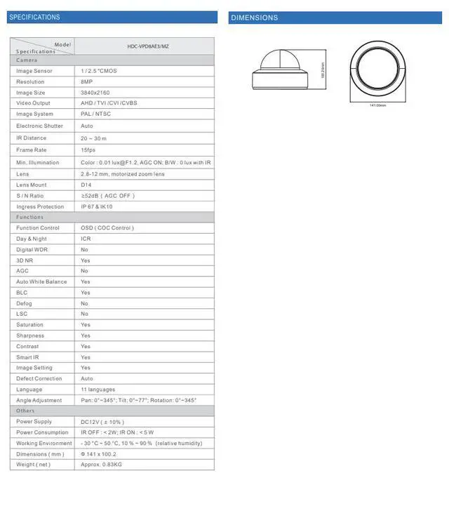 Alt view image 3 of 4 - ENS Titanium HDC-VPD8AE3/MZ 8MP 4K HD Analog Vandal Dome Camera, 2.8-12mm Motorized Zoom, 98ft IR Night Vision, AHD/TVI/CVI/CVBS 4-in-1, 1700TVL, Smart IR, Coax Control, IP67 IK10