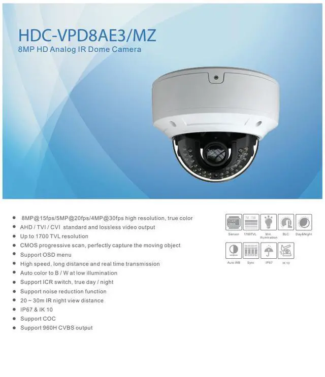 Alt view image 2 of 4 - ENS Titanium HDC-VPD8AE3/MZ 8MP 4K HD Analog Vandal Dome Camera, 2.8-12mm Motorized Zoom, 98ft IR Night Vision, AHD/TVI/CVI/CVBS 4-in-1, 1700TVL, Smart IR, Coax Control, IP67 IK10