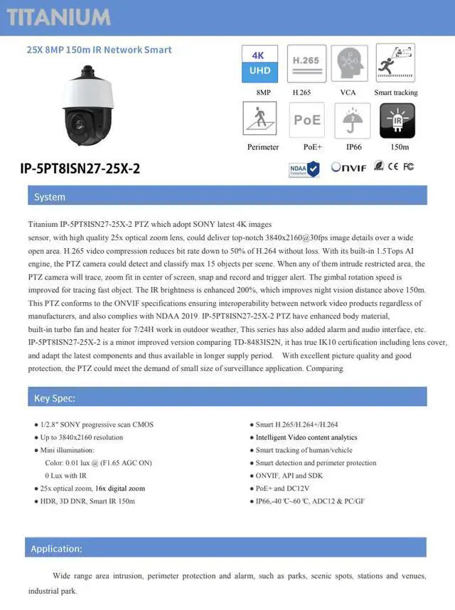 Alt view image 2 of 6 - ENS Titanium IP-5PT8ISN27-25X-2 8MP 4K PTZ Camera, 25x Optical Zoom, Sony Sensor, 492ft Smart IR, AI Auto Tracking, Human/Vehicle Detection, Heater & Fan, IP66 IK10, PoE+