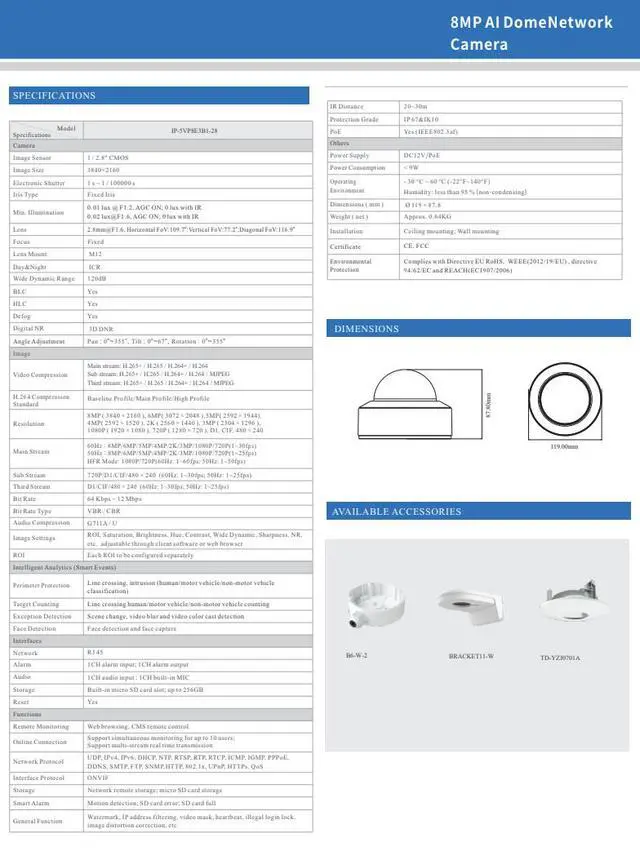Alt view image 3 of 4 - ENS Titanium IP-5VP8E3B1-28 8MP 4K AI IP Vandal Dome Camera, 2.8mm Lens, 98ft IR Night Vision, Face Detection & Capture, People Counting, Alarm I/O, IP67 IK10, PoE