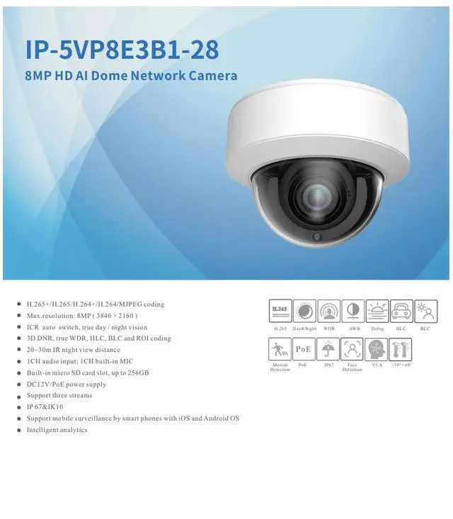 Alt view image 2 of 4 - ENS Titanium IP-5VP8E3B1-28 8MP 4K AI IP Vandal Dome Camera, 2.8mm Lens, 98ft IR Night Vision, Face Detection & Capture, People Counting, Alarm I/O, IP67 IK10, PoE