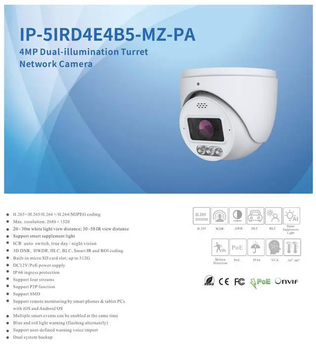 Alt view image 2 of 4 - ENS Titanium IP-5IRD4E4B5-MZ-PA 4MP Active Deterrence AI Turret Camera, 2.7-13.5mm Motorized Zoom, 164ft IR & 98ft White Light, Red/Blue Strobe & Voice Alerts, Face Detection, IP66, PoE+