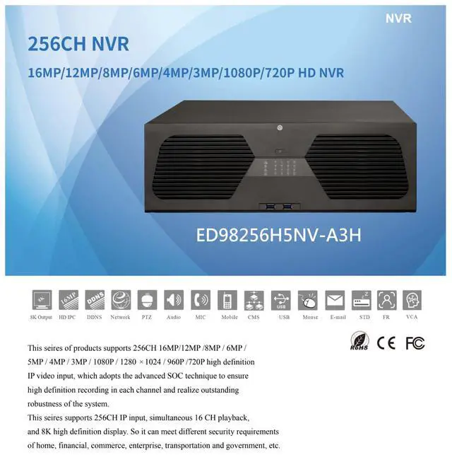 Alt view image 2 of 5 - ENS Titanium ED98256H5NV-A3H 256CH Enterprise NVR, 16-Bay 160TB Max, RAID 0/1/5/6/10, 8K HDMI Output, 768Mbps Bandwidth, H.265+, Face Recognition, 16CH Playback, ONVIF (NO HDD)