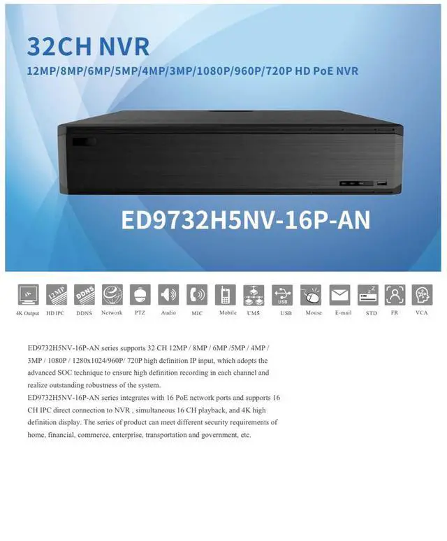 Alt view image 2 of 4 - ENS Titanium ED9732H5NV-16P-AN 32CH 4K PoE NVR, 16 Built-in PoE Ports, 8-Bay 80TB Max, H.265+, 4K HDMI, Face Recognition, License Plate Recognition, 16CH Playback (NO HDD)