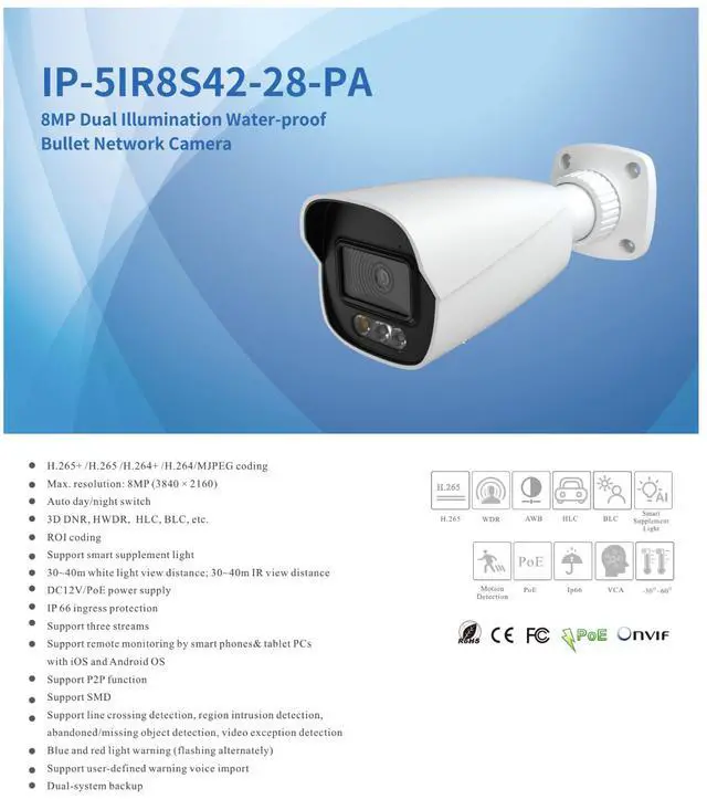 Alt view image 2 of 4 - ENS Titanium IP-5IR8S42-28-PA 8MP 4K Active Deterrence IP Bullet Camera, 2.8mm Lens, 131ft IR & White Light, Red/Blue Strobe & Voice Alerts, Built-in Mic & Speaker, IP66, PoE
