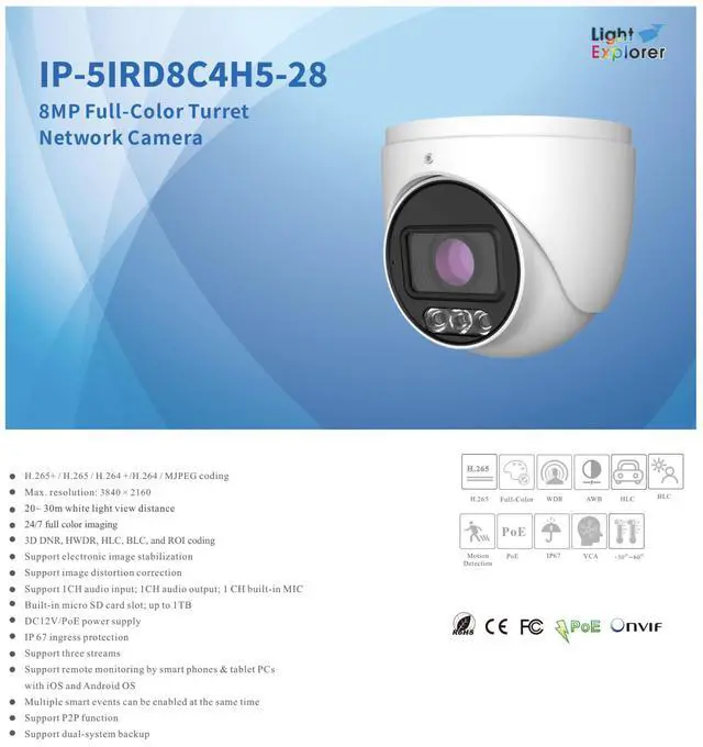 Alt view image 2 of 4 - ENS Titanium IP-5IRD8C4H5-28 8MP 4K Full-Color Turret IP Camera, 2.8mm F1.0, 24/7 Color Night Vision, 98ft White Light, Face Detection, Video Metadata, IP67
