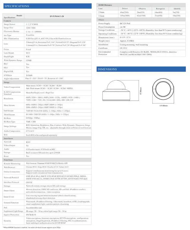Alt view image 3 of 4 - ENS Titanium IP-5VP6S4C1-28 6MP Dual Illumination IP Vandal Dome Camera, 2.8mm Lens, 98ft IR & White Light, Smart Supplement Light, Human/Vehicle Detection, Built-in Mic, IP67 IK10, PoE
